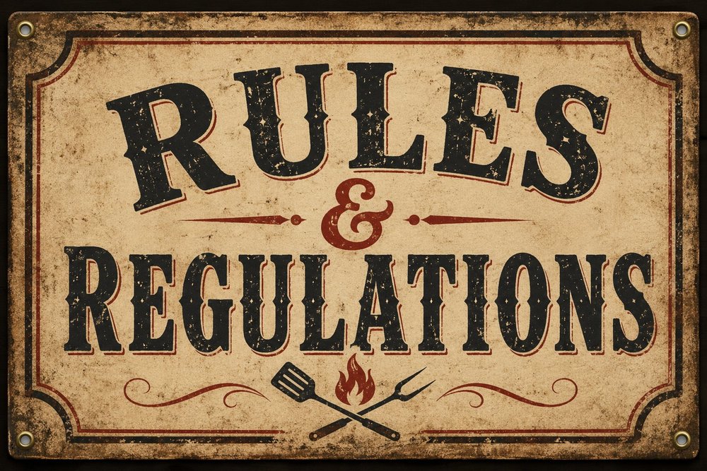 Rules & Regulations vintage metal sign with crossed braai tools and a flame