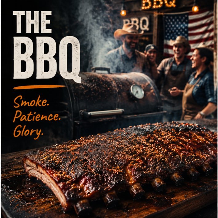The BBQ — smoked ribs with the USA flag and pitmasters